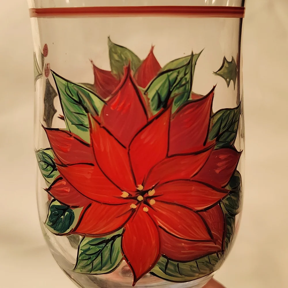 Poinsettia Christmas Wine Glasses. Vivid Red And Green Accents. Set Of 2.